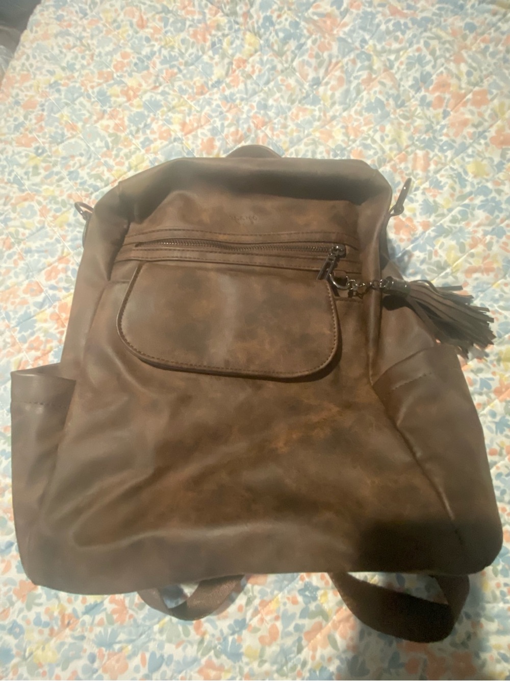 Women's Brown Faux-Leather Backpack with Tassel Accent